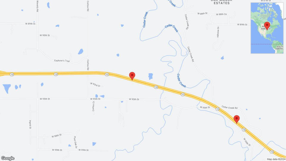 A detailed map that shows the affected road due to 'Lane on K-10 closed in De Soto' on July 9th at 7:06 p.m.