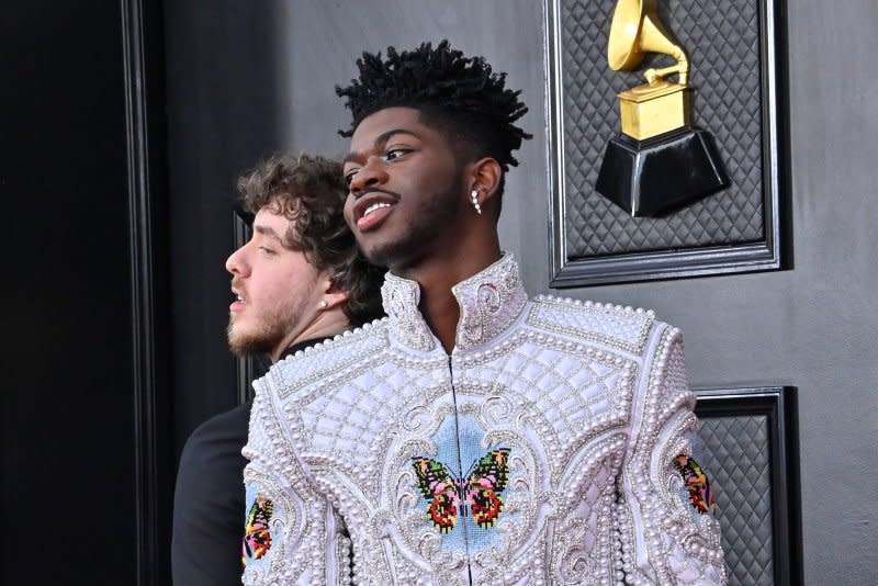 Lil Nas X (R) and Jack Harlow attend the Grammy Awards in 2022. File Photo by Jim Ruymen/UPI