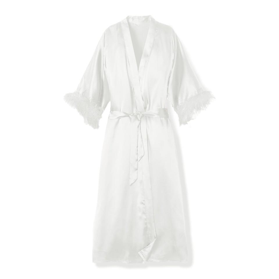 3) 100% Mulberry White Silk Luxe Long Robe with Feathers