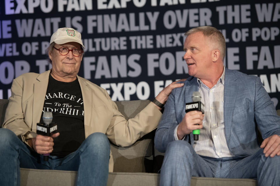 DENVER, COLORADO - JULY 01: Chevy Chase and Anthony Michael Hall talk about the filming of 