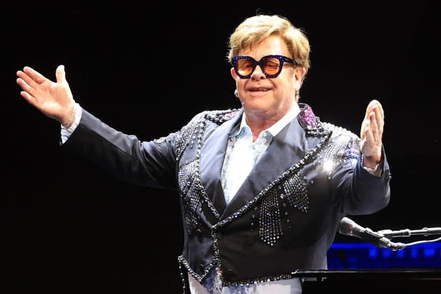 Elton John performs during the first UK stop on his "Farewell Yellow Brick Road" Tour at M&S Bank Arena on March 23, 2023 in Liverpool, England.  - Credit: Cameron Smith/Getty Images