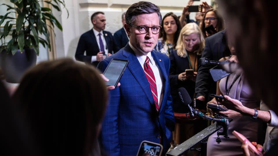 House Speaker Mike Johnson speaks to the press following a House Conference meeting to discuss Iran's attack on Israel at the US Capitol in Washington, DC, on Monday. - Anna Rose Layden/Getty Images