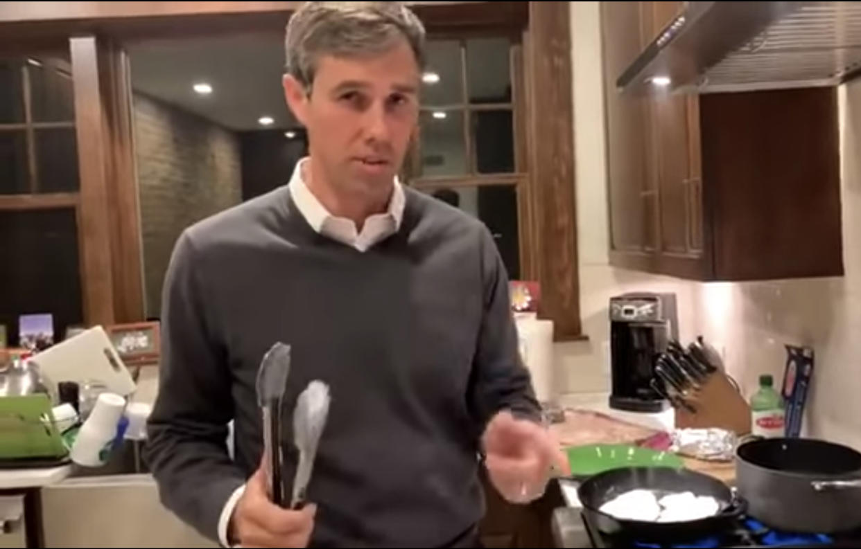 A screengrab from Beto O’Rourke’s cooking video on Facebook.