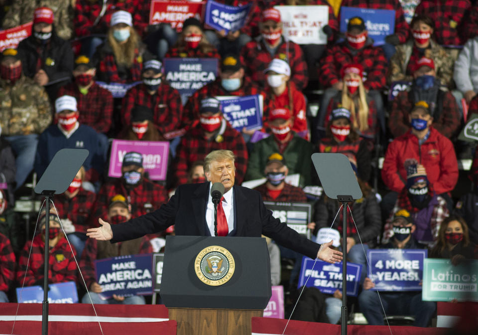 In this Sept. 30, 2020, file photo, President Donald Trump speaks during a rally in Duluth, Minn. President Trump and first lady Melania Trump have tested positive for the coronavirus, the president tweeted early Friday. (AP Photo/Jack Rendulich, File)