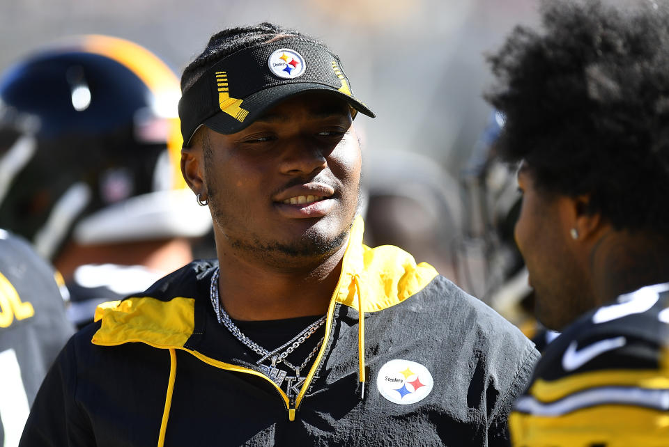 Seen here, Pittsburgh Steelers quarterback Dwayne Haskins looking on during a game against the Cincinnati Bengals. 