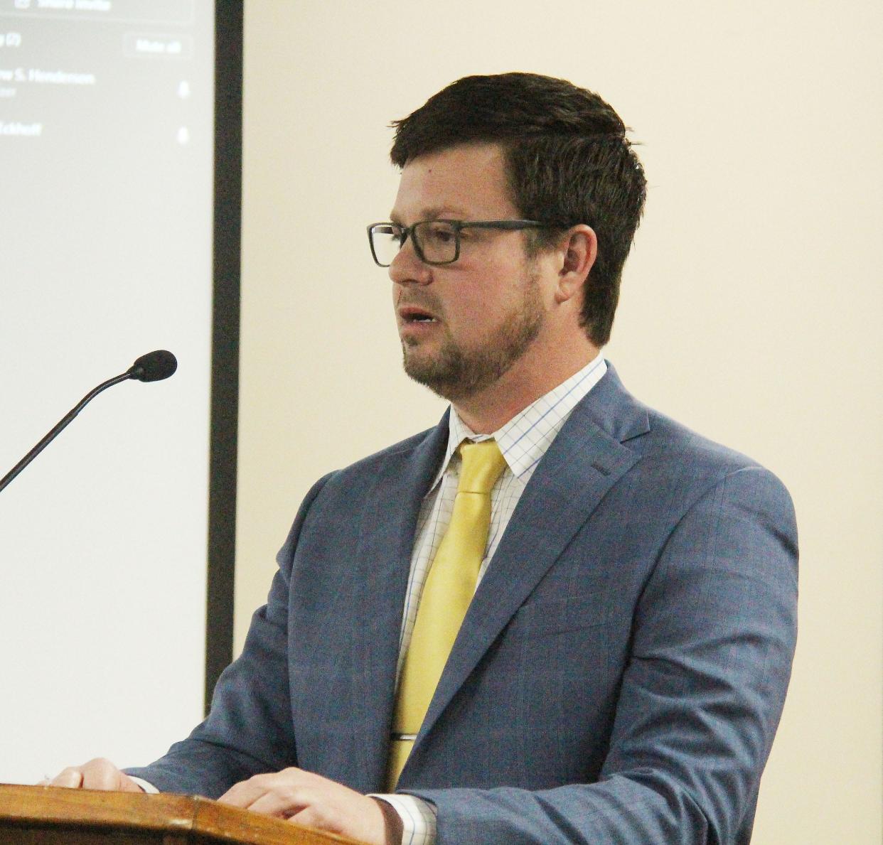 Waste Watre Treatment Plant Superintendent Jacob Kinkade addresses the Pontiac City Council at its meeting Monday at City Hall. Kinkade said the WWTP project is nearing completion.