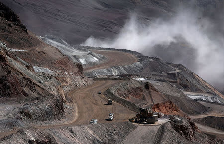 Trucks operate at Barrick Gold Corp's Veladero gold mine in Argentina's San Juan province, April 26, 2017. REUTERS/Marcos Brindicci