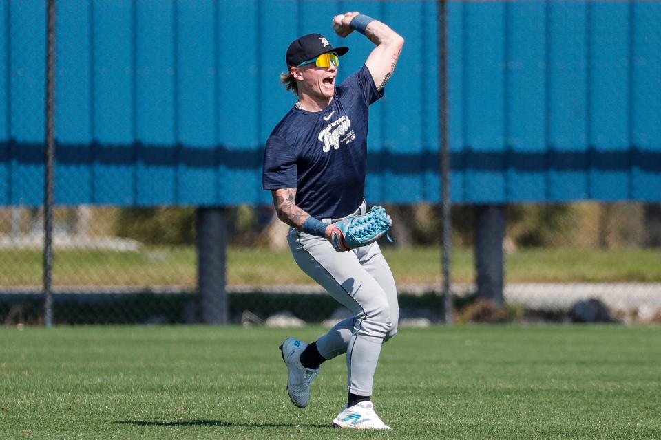 Detroit Tigers outfielder prospect Max Clark works out during spring training at TigerTown in Lakeland, Fla. on Thursday, Feb. 22, 2024.