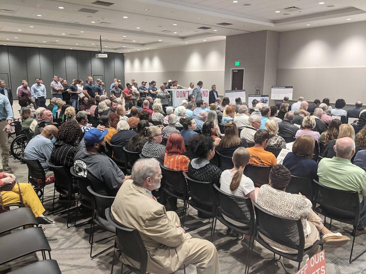 A large crowd turned out Thursday at The Venue at Coosa Landing for a town hall meeting to discuss efforts by Sen. Andrew Jones, R-Centre, to reduce or eliminate occupational taxes in 25 Alabama cities, including five in Etowah County.