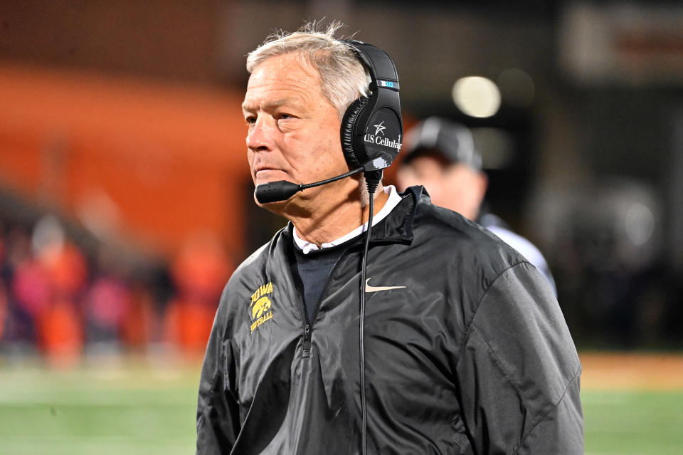 CHAMPAIGN, IL - OCTOBER 08: Iowa football coach Kirk Ferentz watches his team play during a college football game between the Iowa Hawkeyes and the Illinois Fighting Illini, October 08, 2022, at Memorial Stadium, Champaign, IL. Photo by Keith Gillett/Icon Sportswire via Getty Images),