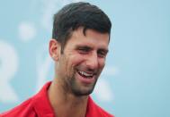 World number one tennis player Novak Djokovic holds a news conference, in Belgrade