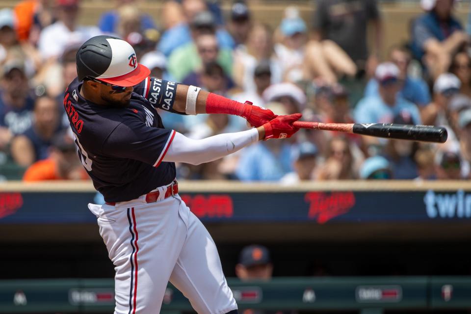 Minnesota Twins left fielder Willi Castro (50) hits a single against the Detroit Tigers in the fifth inning at Target Field in Minneapolis on Saturday, June 17, 2023.