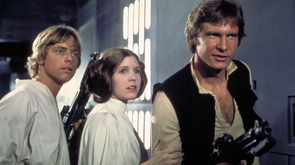 Mark Hamill, Carrie Fisher and Harrison Ford in 1977's Star Wars: A New Hope