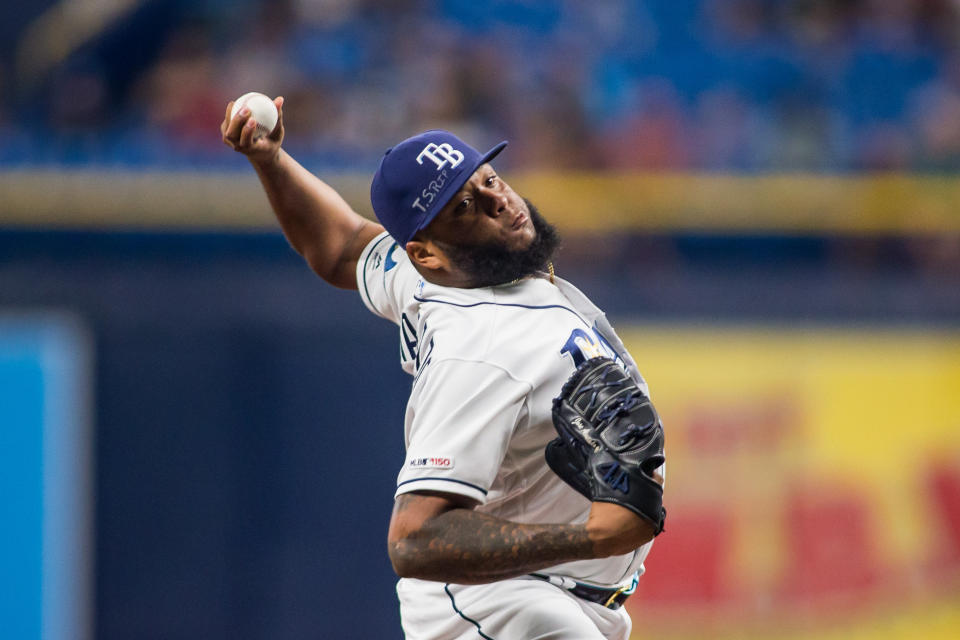 Tampa Bay Rays closer Jose Alvarado (46) wears a hat reading "T.S. RIP", in memory of Los Angeles Angels pitcher Tyler Skaggs, during a Major League Baseball game between the Baltimore Orioles and the Tampa Bay Rays on July 1, 2019, at Tropicana Field in St. Petersburg, Florida. (Photo by Mary Holt/Icon Sportswire via Getty Images)