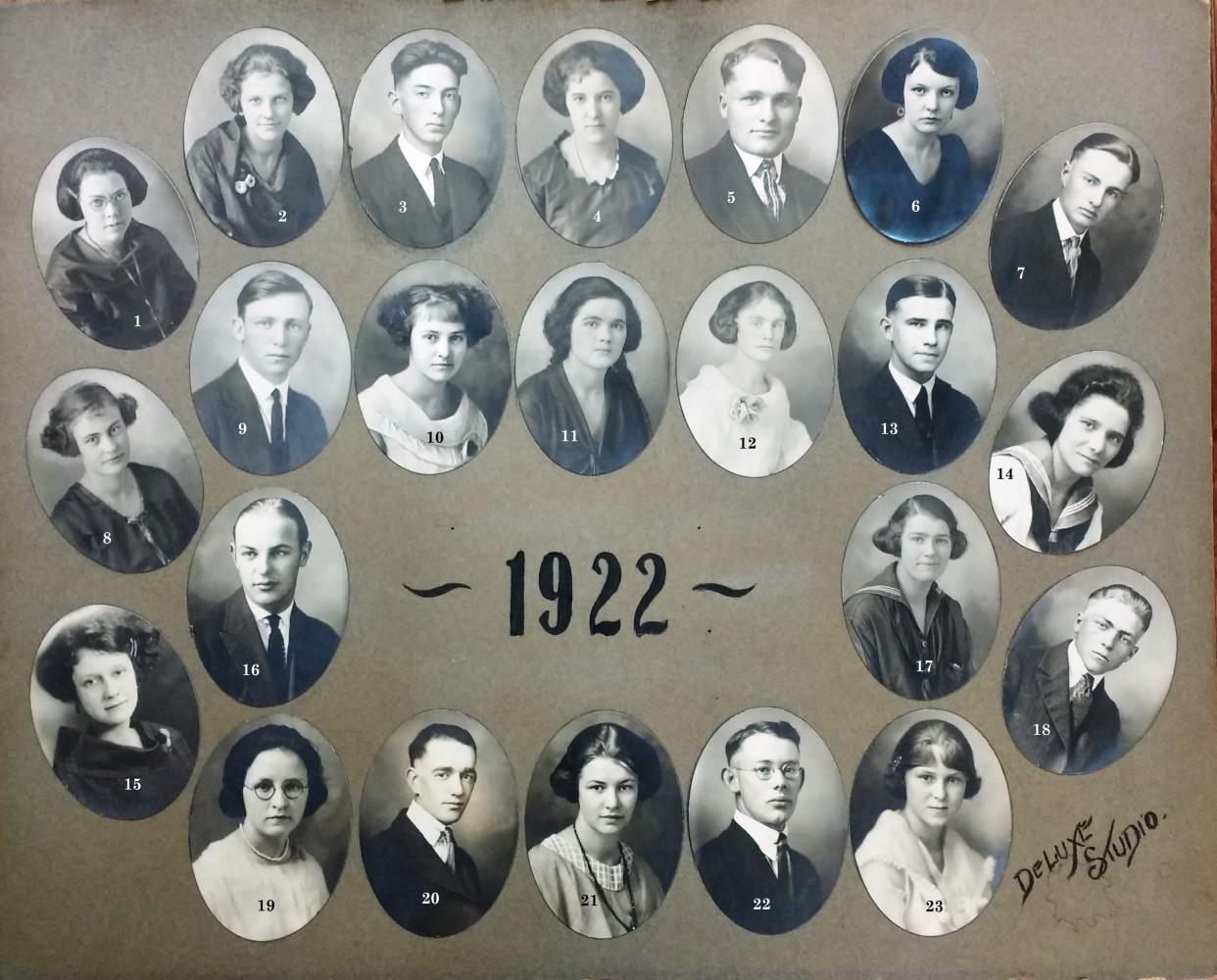 The graduating Class of 1922 at Gaylord High School included the following: 1. Anna E. Culliton, 2. Elizabeth B. Kline, 3. Archie Hutchins, 4. Mildred E. Kramer, 5. Ernest E. Moorhead, 6. Edna L. Shepard, 7. Fred J. White, 8. Mona M. Clink, 9. Lemoine B. Wilkinson, 10. Nanna S. Johnson, 11. Grace P. Campbell, 12. Hettie E. Bala, 13. Bernard Kondratovicz, 14. Grace M. Carley, 15. Lillian E. Wilson, 16. William H. Berry, 17. Harriet M. Schreur, 18. Charles E. Marriott, 19. Celia E. Kozloski, 20. Ford L. Cranson, 21. Mary I. Shields, 22. Loren G. Briley, 23. Gladys V. Ogden