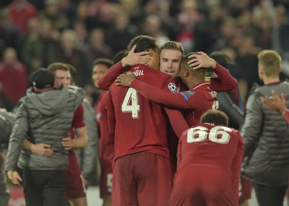 Liverpool players celebrate an unbelievable comeback as they beat Barcelona having entered the second leg 3-0 down.