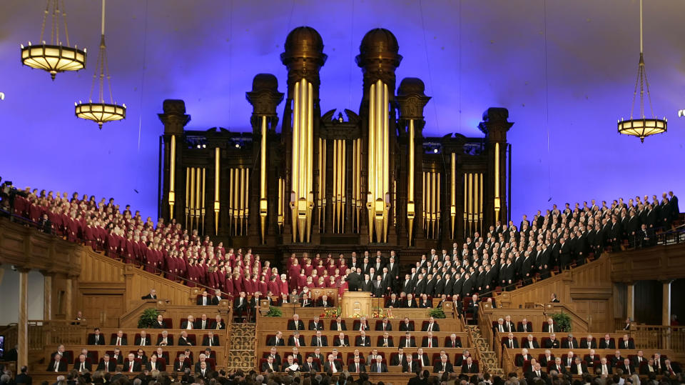 SALT LAKE CITY, UT - MARCH 31:  The Mormon Tabernacle Choir sings as Mormons gather in the Salt Lake Mormon Temple for the 177th Annual General Conference of the Church of Jesus Christ of Latter Day Saints March 31, 2007 in Salt Lake City, Utah. During the General Conference the historic restored Tabernacle on Temple Square will be rededicated.  (Photo by George Frey/Getty Images)