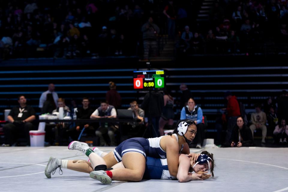 Westlake’s O’dessa Laititi and Syracuse’s Hope Barton compete in the 6A Girls Wrestling State Championships at the UCCU Center in Orem on Thursday, Feb. 15, 2024. | Marielle Scott, Deseret News