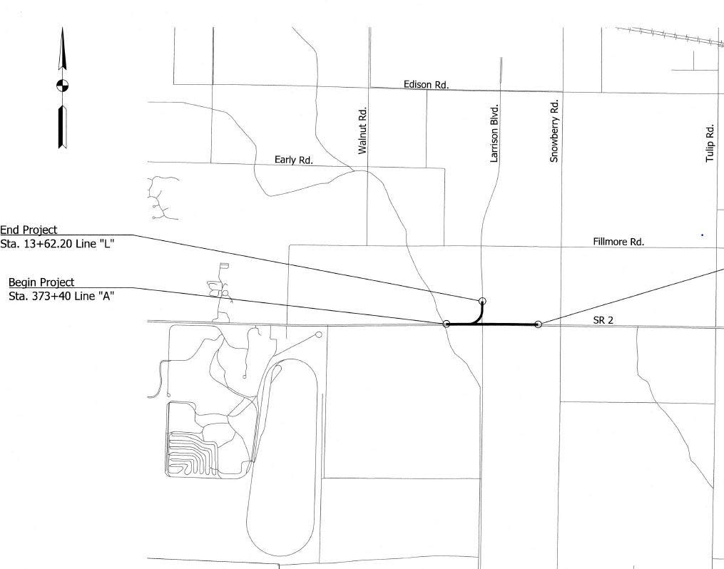 This maps shows the intersection of Indiana 2 and Larrison Boulevard that will be expanded in 2024. Indiana 2 is also being repaved from the U.S. 20 "dogbone" interchange LaPorte County to Quince Road in 2024, then to the U.S. 20/31 bypass in 2025.