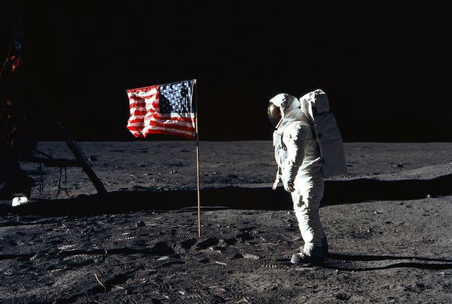 <p> Smithsonian Networks</p> Buzz Aldrin shortly after planting an American flag on the surface of the moon in 1969