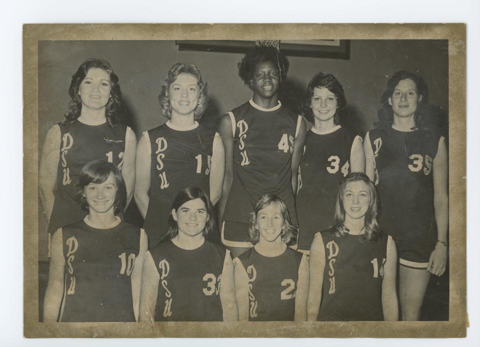 A team photo of Delta State when Lusia Harris, top middle, and Debbie Brock, bottom third from left, played together.