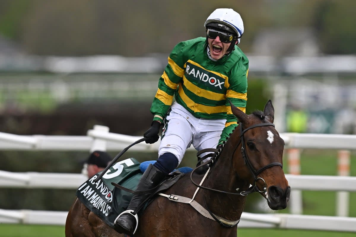 Paul Townend celebrates Grand National victory aboard I Am Maximus at Aintree (AFP via Getty Images)