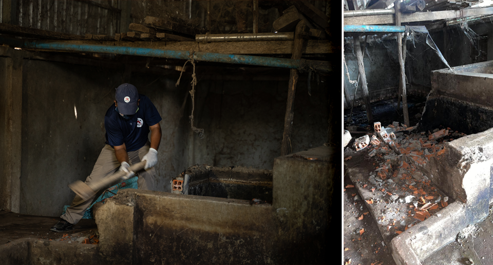 Left - a man destroying a water tank used to drown dogs. Right - broken bricks after the water tank was destroyed.