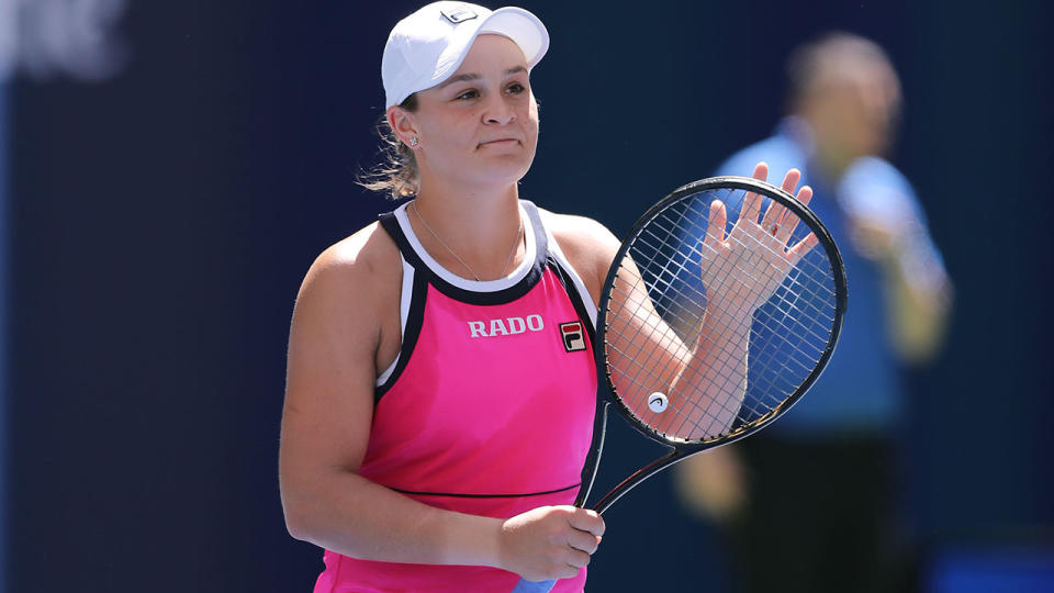 Ash Barty, pictured here after winning her opening round clash.