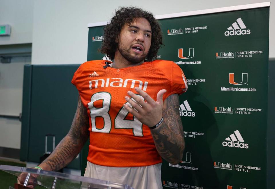 Hurricanes tight end Cam McCormick (84) talks to the press after the University of Miami Hurricanes football practice on Tuesday, March 21, 2023, on campus in Coral Gables. McCormick transferred to Miami from Oregon in January.