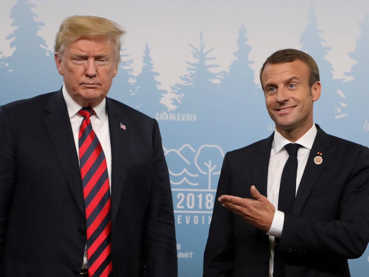 US President Donald Trump and French President Emmanuel Macron hold a meeting on the sidelines of the G7 Summit in La Malbaie, Quebec, Canada on 8 June 2018: LUDOVIC MARIN/AFP/Getty Images