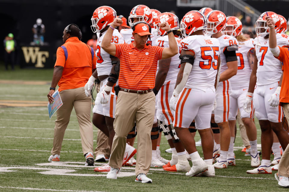 WINston-Salem, NC - SEPTEMBER 24: Clemson Tigers college football head coach Davo Sweeney reacts during a game against the Wake Forest Demons Deacons at Truost Field on September 24, 2022 in Winston-Salem, NC To do. Clemson won his 2OT he won 51-45.  (Photo by Lance King/Getty Images)