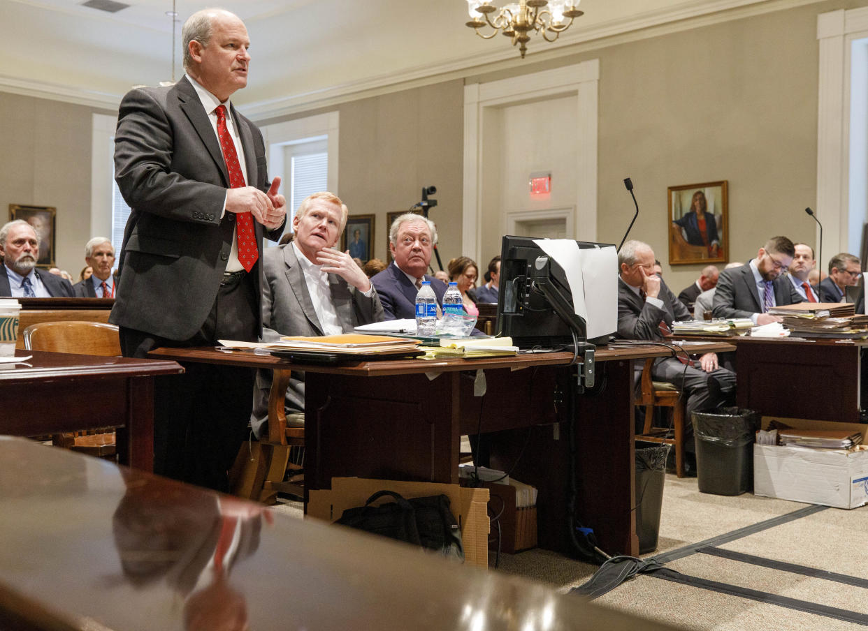 Defense attorney Jim Griffin addresses Judge Clifton Newman about the possibility of Alex Murdaugh testifying during his trial at the Colleton County Courthouse in Walterboro, S.C., on Wednesday, Feb. 22, 2023. The 54-year-old attorney is standing trial on two counts of murder in the shootings of his wife and son at their Colleton County, S.C., home and hunting lodge on June 7, 2021. (Grace Beahm Alford/The Post And Courier via AP, Pool)