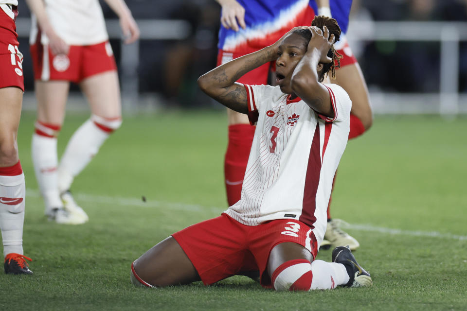 Canada's Kadeisha Buchanan reacts to missing a shot against the United States during the second half of a SheBelieves Cup women's soccer match Tuesday, April 9, 2024, in Columbus, Ohio. (AP Photo/Jay LaPrete)