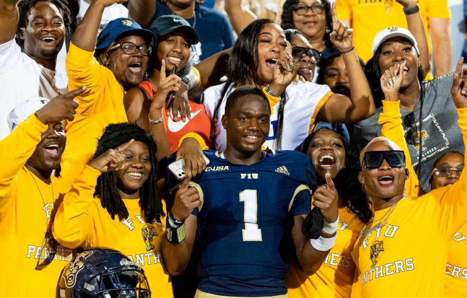 FIU Panthers quarterback Keyone Jenkins (1) celebrates after defeating the Maine Black Bears 14-12 in their NCAA DI football game at the FIU Football Stadium on Saturday, Sept. 2, 2023, in Miami, Fla.