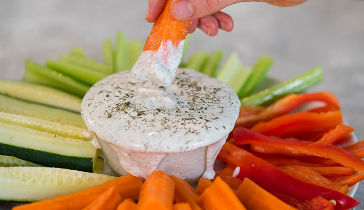 <p>Feeling Fabulous with Kayla</p><p>This healthy, homemade dairy-free ranch dressing recipe can be used either as a salad dressing or a dip with one simple addition.</p><p><strong>Get the recipe: <a href="https://feelinfabulouswithkayla.com/2021/07/03/dairy-free-ranch-dip/" rel="nofollow noopener" target="_blank" data-ylk="slk:Dairy-Free Ranch Dressing;elm:context_link;itc:0;sec:content-canvas" class="link rapid-noclick-resp">Dairy-Free Ranch Dressing</a></strong></p>