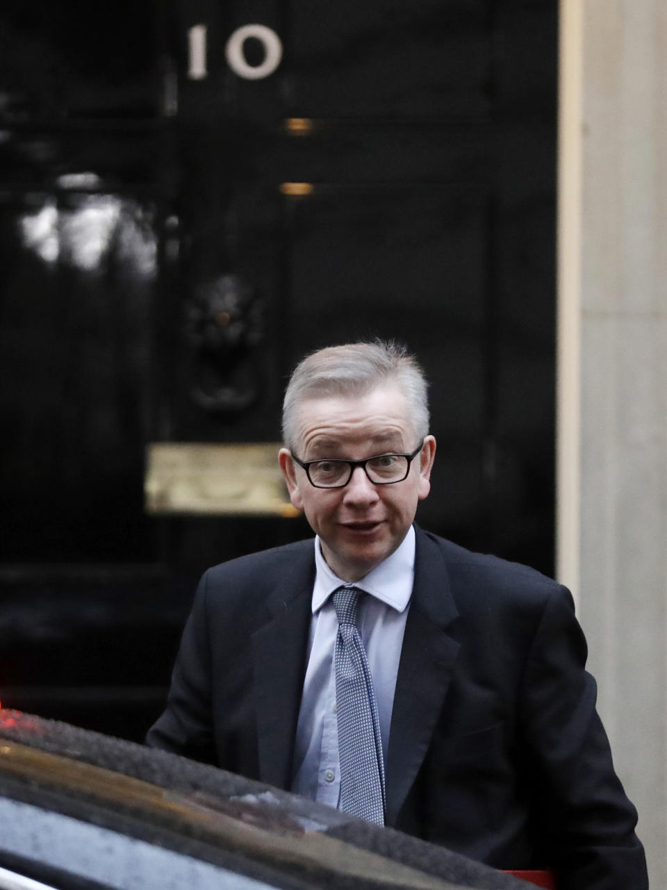 Britain's Environment Secretary Michael Gove arrives at Downing Street. London, Thursday Jan. 17, 2019. British Prime Minister Theresa May is reaching out to opposition parties and other lawmakers Thursday in a battle to put Brexit back on track after surviving a no-confidence vote. (AP Photo/Matt Dunham)