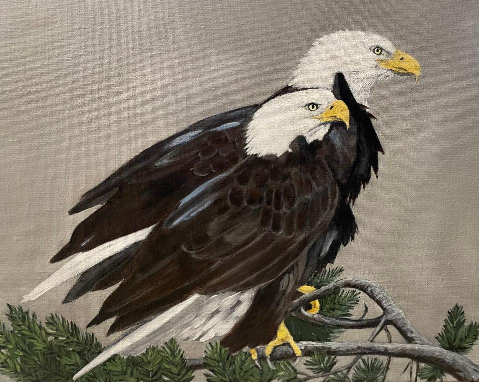 Apple Valley artist Debbie Saude painted the popular bald eagle couple Jackie and Shadow who live in Big Bear.