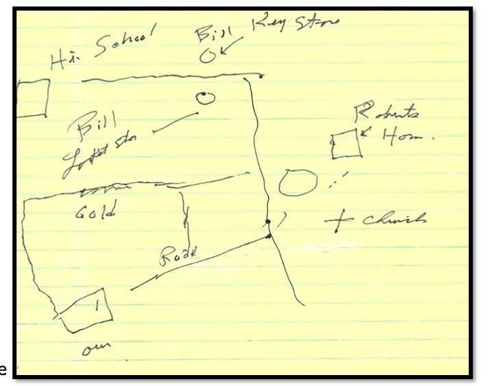 Lost gold map John Rice Irwin drew for Dennis Eggert.