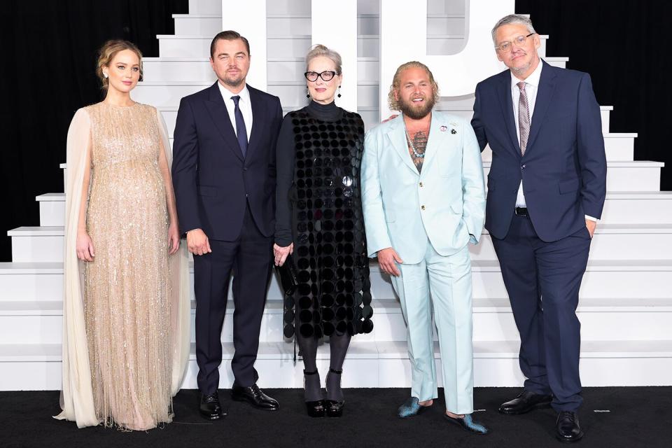 (L-R) Jennifer Lawrence, Leonardo DiCaprio, Meryl Streep, Jonah Hill and Adam McKay attend the world premiere of Netflix's "Don't Look Up" on December 05, 2021 in New York City.