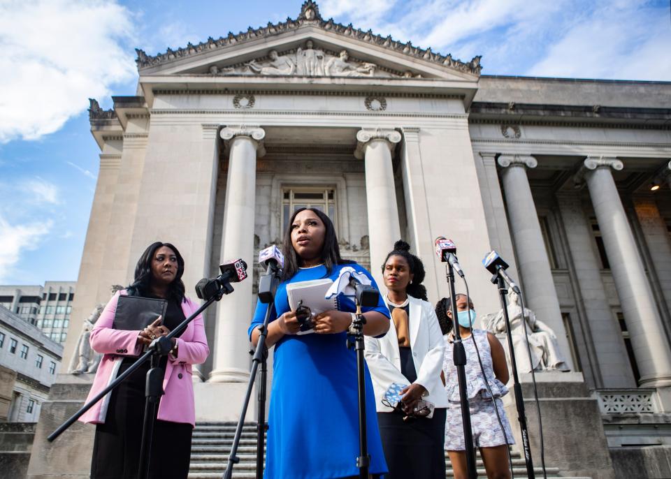 State Sen. Katrina Robinson speaks on Wednesday, July 29, 2020, in Memphis, Tenn., after being charged with theft and embezzlement involving government programs and wire fraud,.