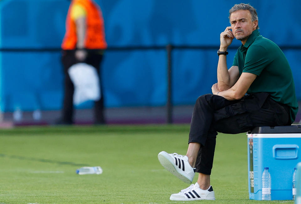 Spain's coach Luis Enrique looks on during the UEFA EURO 2020 Group E football match between Slovakia and Spain at La Cartuja Stadium in Seville on June 23, 2021. (Photo by MARCELO DEL POZO / POOL / AFP) (Photo by MARCELO DEL POZO/POOL/AFP via Getty Images)