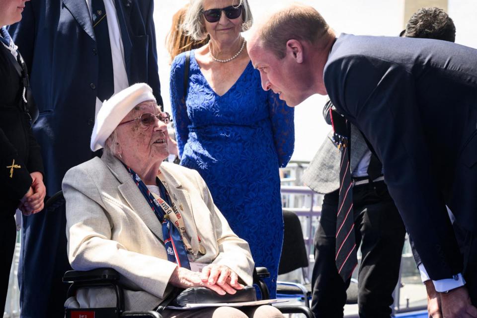 PHOTO: Prince William, Prince of Wales talks with D-Day and WWII Normandy veterans in France in 1944, in Southsea Common, southern England, on June 5, 2024. (Leon Neal/POOL/AFP via Getty Images)