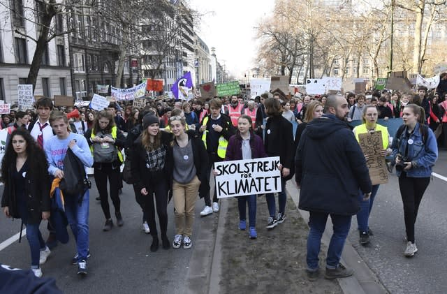 Swedish climate activist Greta Thunberg, centre, during a climate march in Brussels