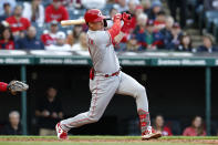 Cincinnati Reds' Tyler Stephenson hits an RBI single against the Cleveland Guardians during the sixth inning of a baseball game Tuesday, May 17, 2022, in Cleveland. (AP Photo/Ron Schwane)