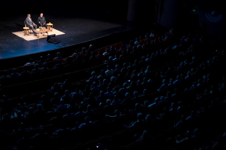 Looking down from the balcony at ASU's Gammage Auditorium, a crowd listens to a conversation between Henry Louis Gates Jr. and Battinto Batts Jr., dean of ASU's Walter Cronkite School of Journalism and Mass Communication, on April 30, 2022.