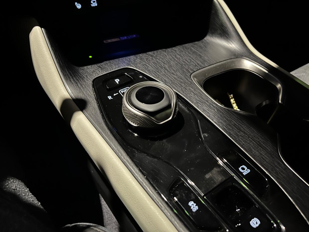 2023 Lexus RZ 450e center console, with rotary gear selector.