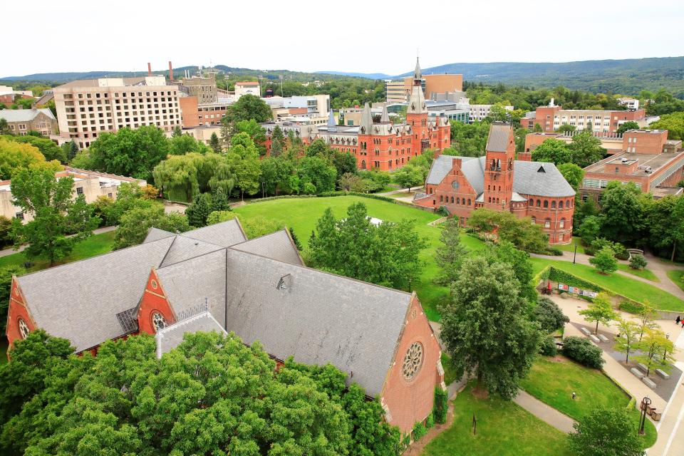 Roof top view of Cornell University campus with Barnes Hall and Sage Hall in the background.