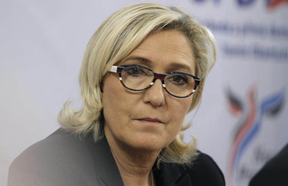 Marine Le Pen, President of the French far-right National Rally pauses during press conference with Veselin Mareshki leader of Bulgarian 'Volya' party after their meeting at the Bulgarian Parliament in Sofia, Bulgaria, Friday, Nov. 16 2018. Le Pen is visiting Bulgaria for the first time, looking for support ahead of European elections next year. (AP Photo/Valentina Petrova)