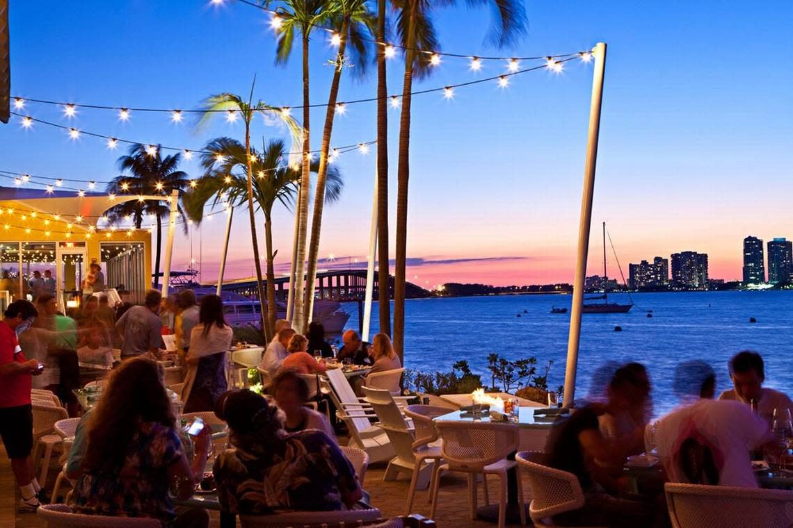 Sunset on the deck of Rusty Pelican in Key Biscayne, which celebrates its 50th anniversary this year.