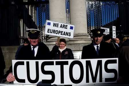 FILE PHOTO: Anti-Brexit campaigners, Borders Against Brexit protest outside Irish Government buildings in Dublin, Ireland April 25, 2017. REUTERS/Clodagh Kilcoyne/File Photo